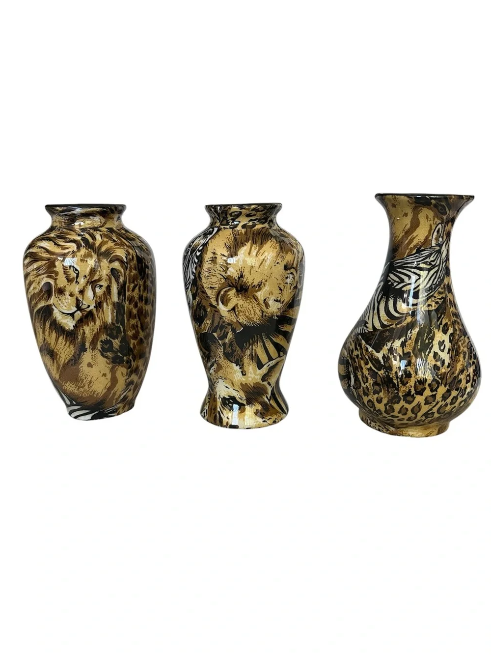 NIB Set of 3 Gold and Black Animal Print Vases - 5” tall